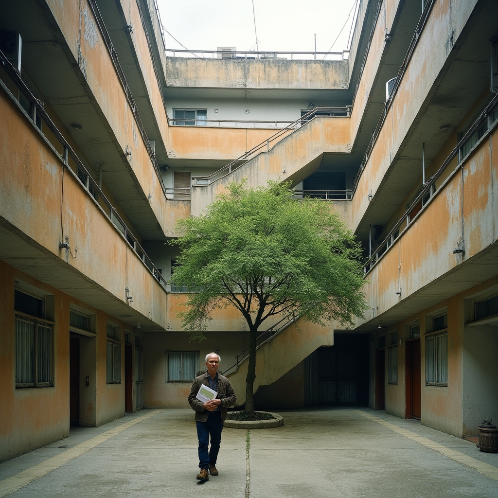 Interior courtyard of a mid-century apartment walk-up block with shared stair access
