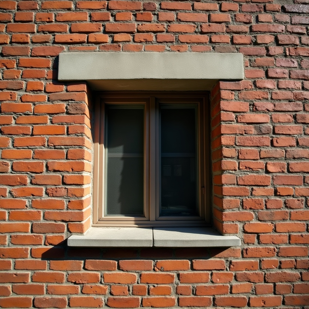 Close-up texture of brick coursing and window reveal on an apartment facade