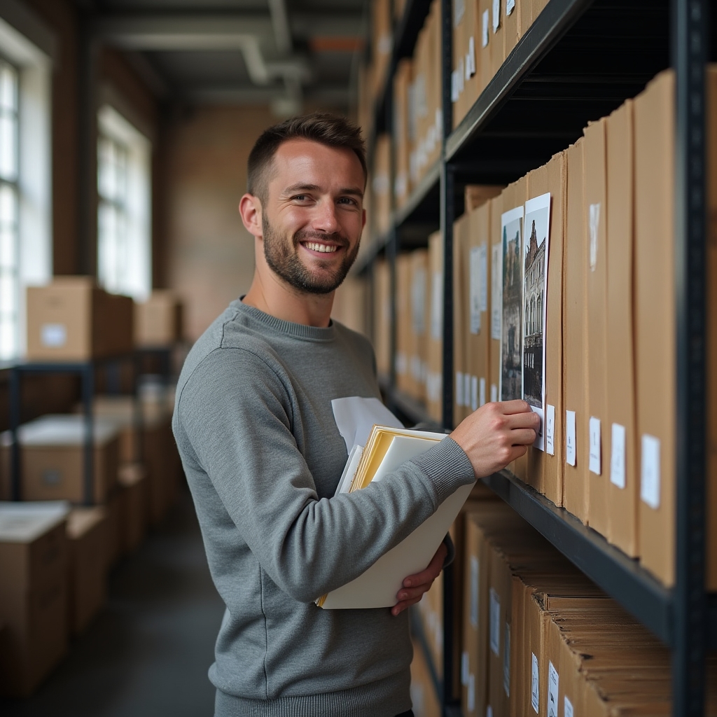 Portrait of Tomasz Baran, research coordinator, organizing archive photographs