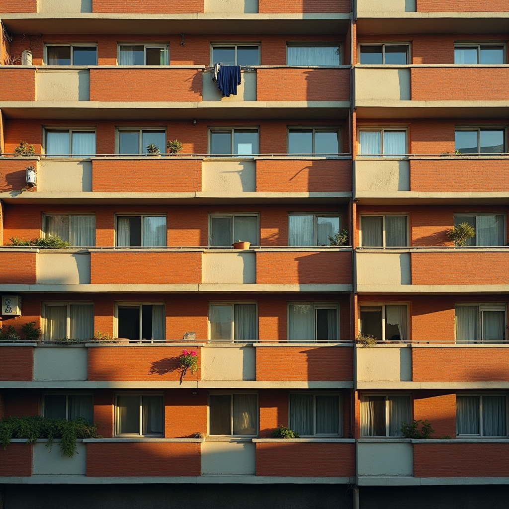 Close angle of a mid-rise apartment facade showing balcony rhythm and brick coursing