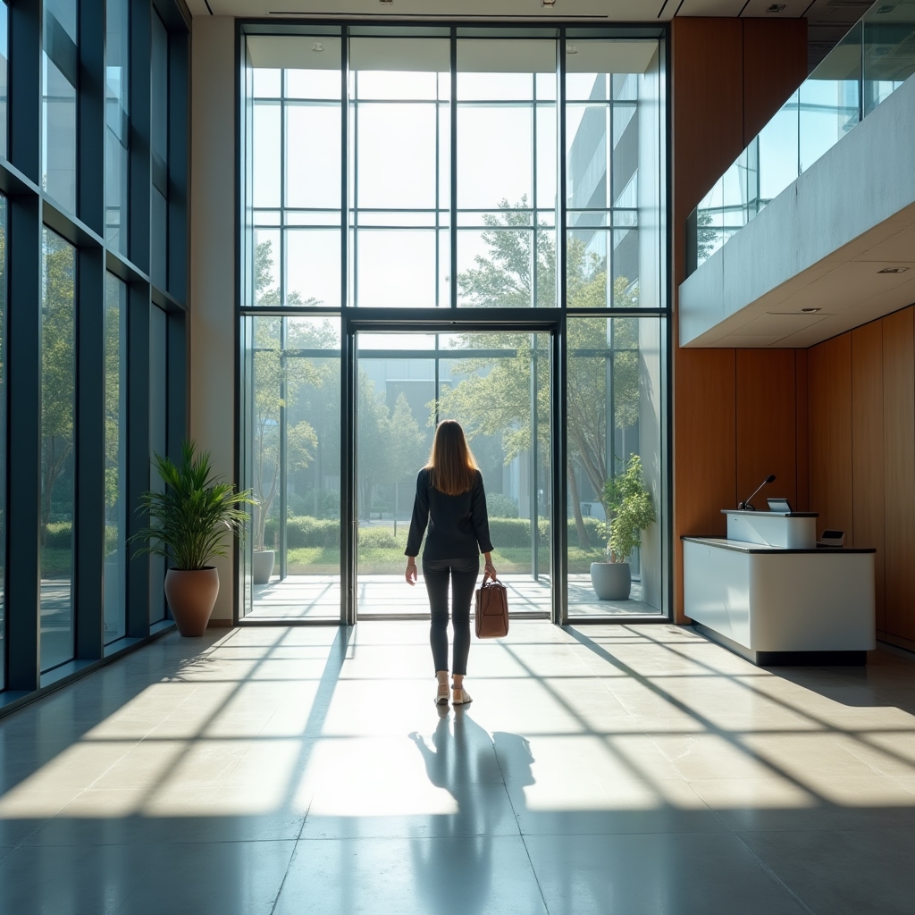 Ground floor lobby of a mid-size office building with a glass curtain wall entrance