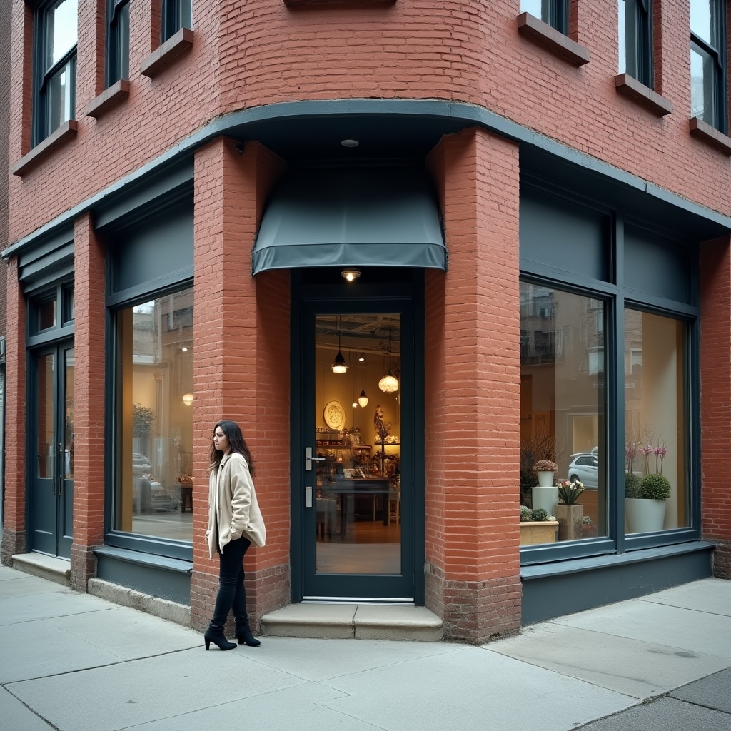 Corner retail storefront with large display glass and recessed entry