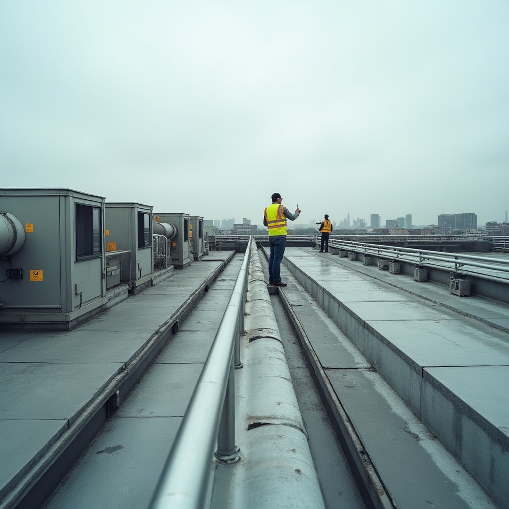 Rooftop mechanical equipment and ductwork on a commercial building
