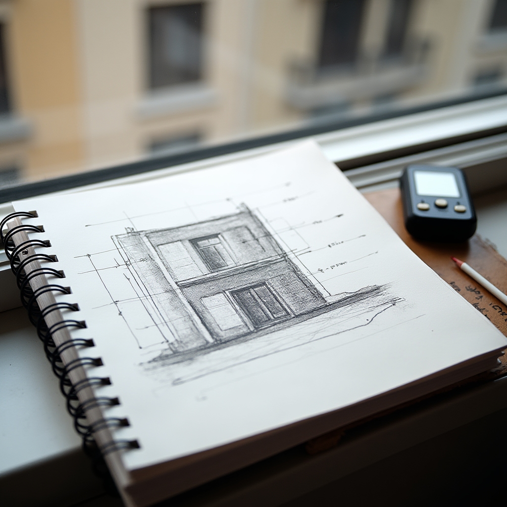Notebook with hand-drawn sketch of a building facade during a site visit