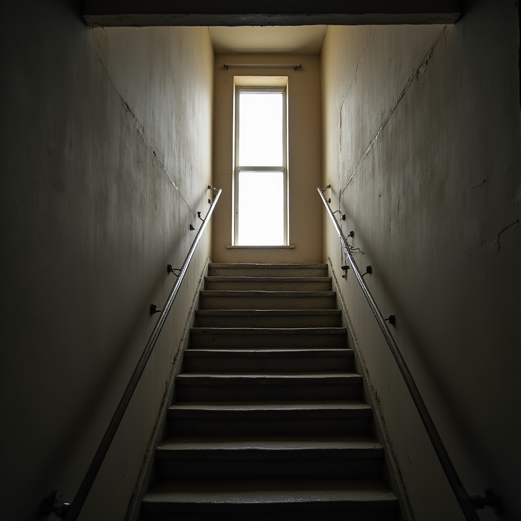 Interior stairwell of an apartment block lit by a narrow daylight window