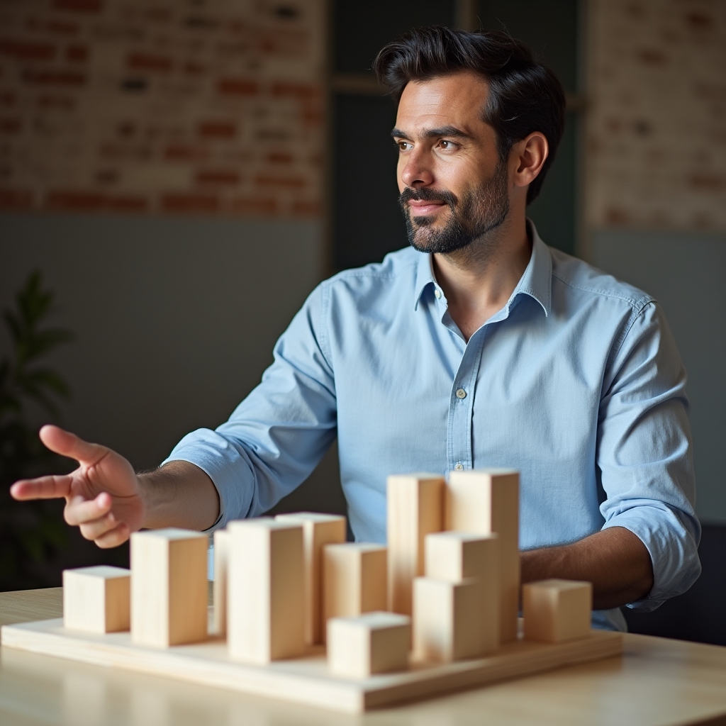 Portrait of Dawid Kowalczyk, contributing urban planner, standing near a city model